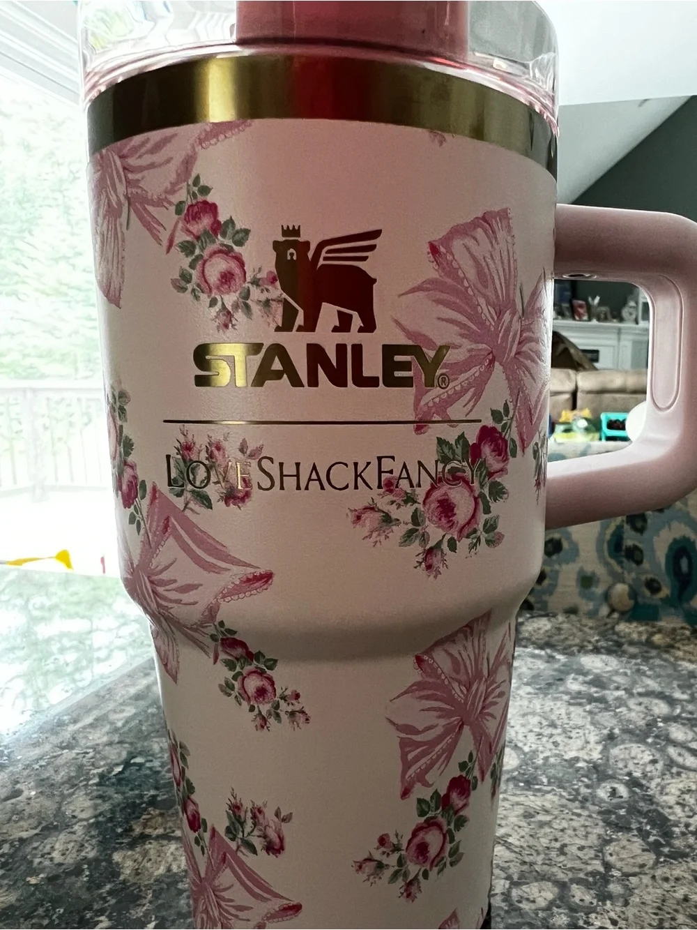 Stanley Love Shack Fancy Pink Floral Travel Tumbler with Straw Lid and Handle - Picture 2 of 11